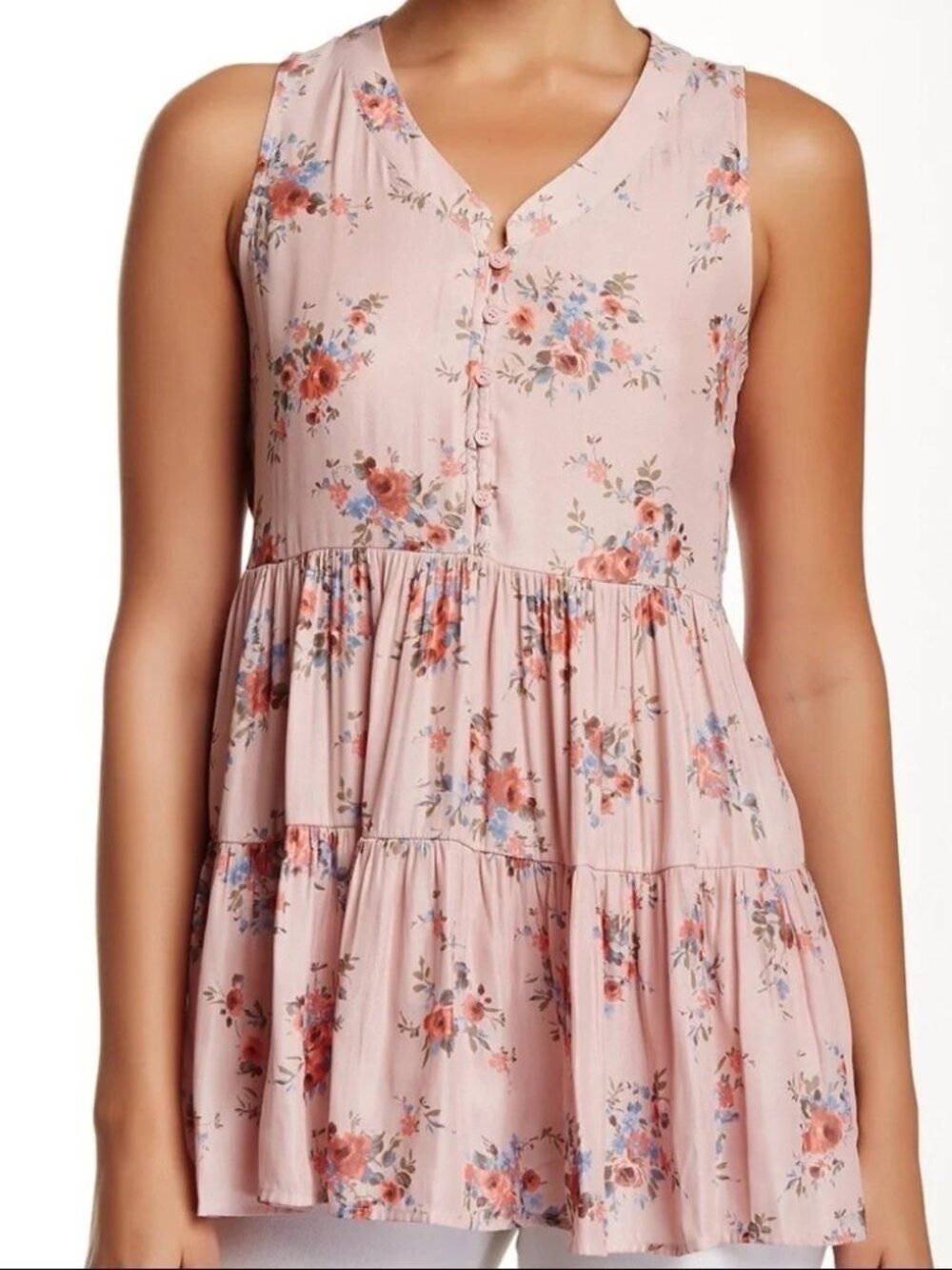 RO & DE womens BLOUSE pink FLORAL sleeveless TUNIC tiered TOP summer BOHO SIZE L